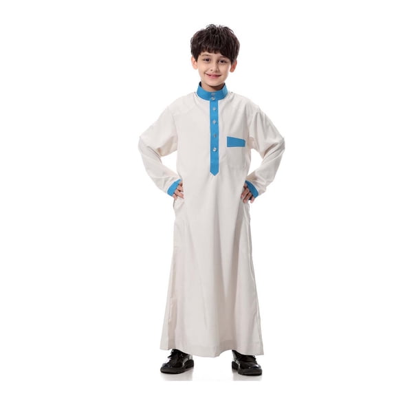 Thobe for Boys Long Sleeve Button White Long Thobe Kids Eid Outfit 13-14 Years Boys Clothes