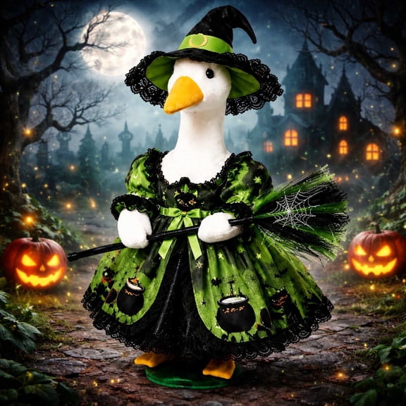 Halloween Outdoor Yard Display Piece, Fall Lawn Decor 23 Inch Goose, Holiday Statue Outfit with Orange Satin Dress, Black Witch Hat for Garden Goose Figurine, Halloween Porch