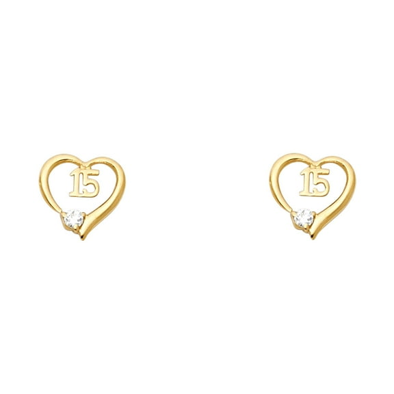 Ioka-14K Yellow Gold CZ Heart 15 Anos 15 years Quinceanera Stud Screw Back Earrings
