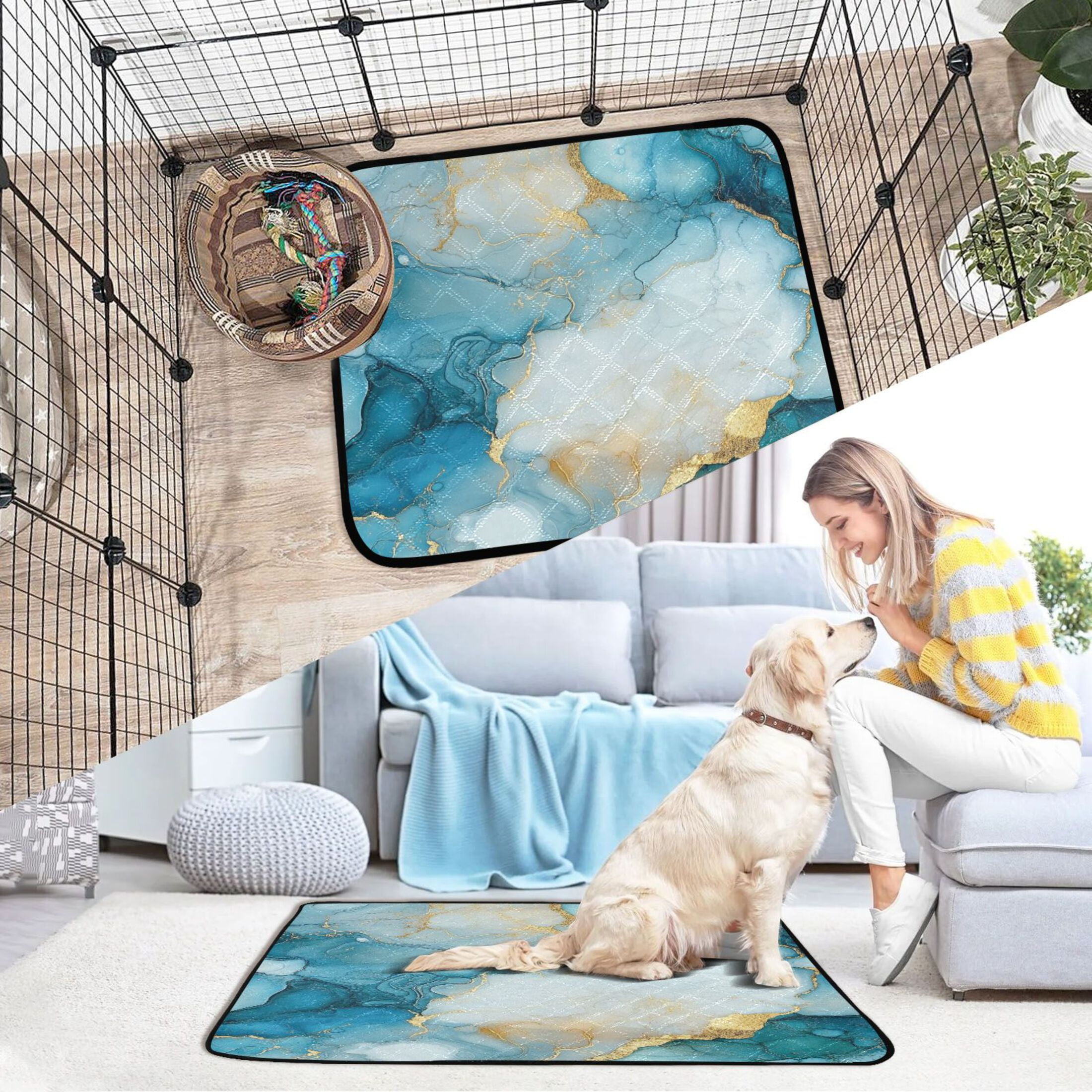 Qxltty Cyan Gilt Marbles Cat litter Pads Pet Set of 2 Diaper Mats Center Anti-leakage Layer Absorbent Soft and Comfortable