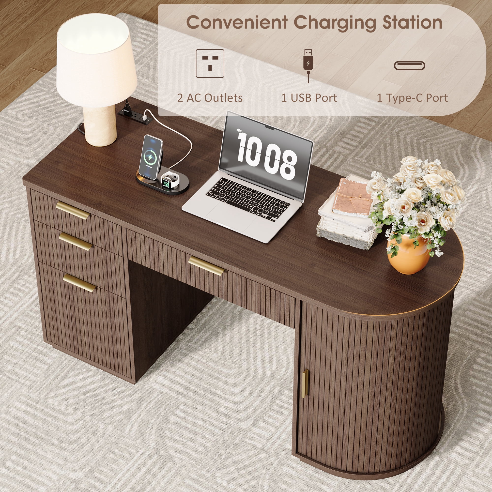 55 Inch Fluted Executive Desk, Mid Century Modern Home Office Desk with Drawers and Charging Station, Wood Computer Desk with File Drawer & Storage Cabinet, Walnut