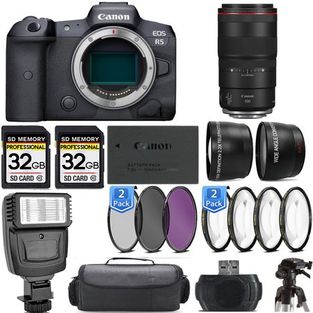 Canon EOS R5 Mirrorless Camera +100mm f/2.8 L Macro IS USM Lens +Flash- Kit