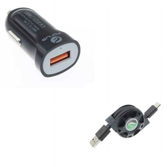 Type-C Retractable USB Cable w Fast USB Port 18W Car Charger E7P for Acer Liquid Jade Primo - Alcatel PulseMix, 7, Idol 5S 5 4S - ASUS Zenfone V Live, ROG Phone, AR 6 5z 4 Pro