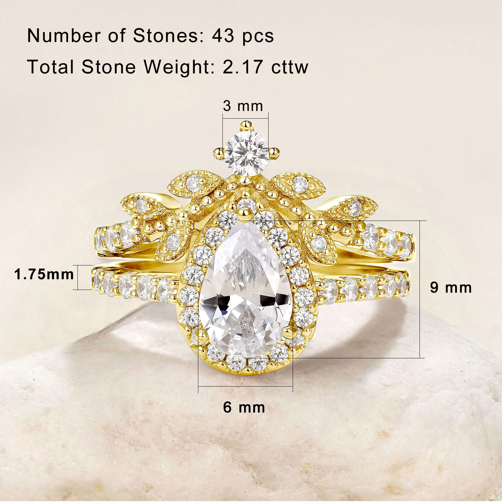 Newshe Jewellery Wedding Rings for Women Vintage 925 Sterling Silver Pear Shaped Yellow Gold Cz Bridal Set Size 6