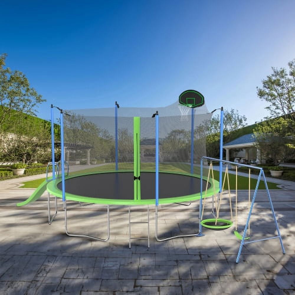 14FT Trampoline with Slide and Swings, Outdoor Trampoline with Basketball Hoop and Ladder