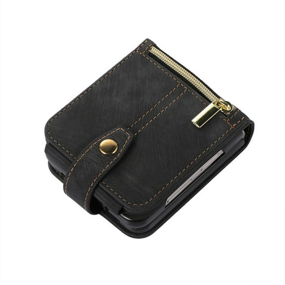 Compatible with Samsung Galaxy Z Flip 3 Wallet Case with Lanyard Leather Zipper Crossbody Shockproof Girly Case-Black