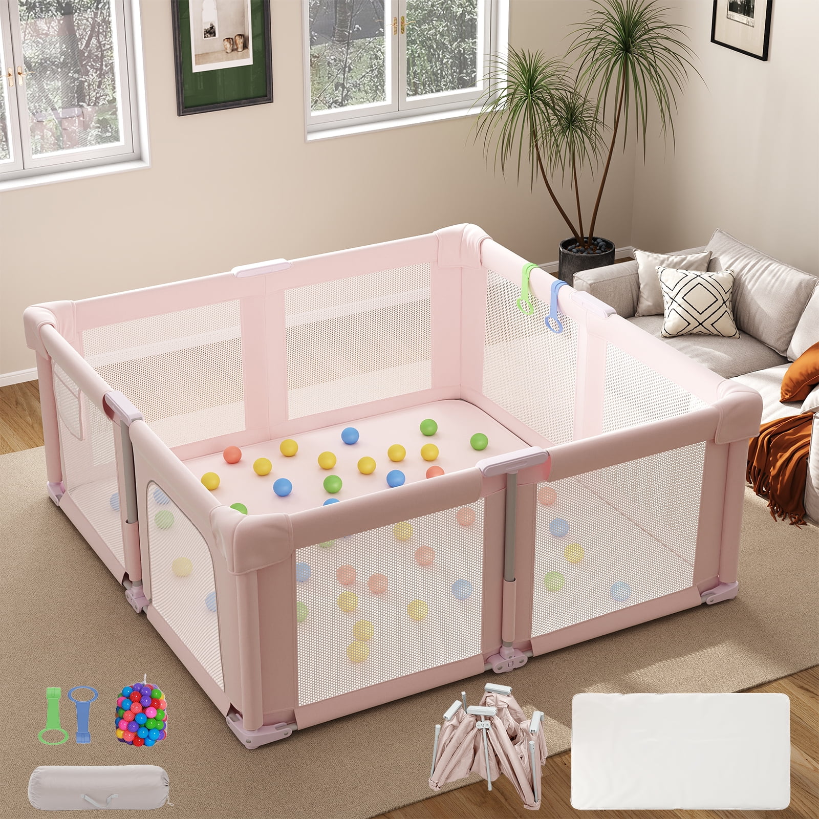 Baby Playpen 51" x 51", Play Pens for Babies and Toddlers Baby Fence Play Yards for Indoor & Outdoor with Breathable Mesh Anti-Fall Playpen, Pink