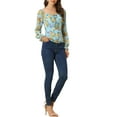 thumbnail image 2 of INSPIRE CHIC Women's Floral Smocked Top Elegant Puff Long Sleeve Square Neck Blouse M Light Blue, 2 of 6