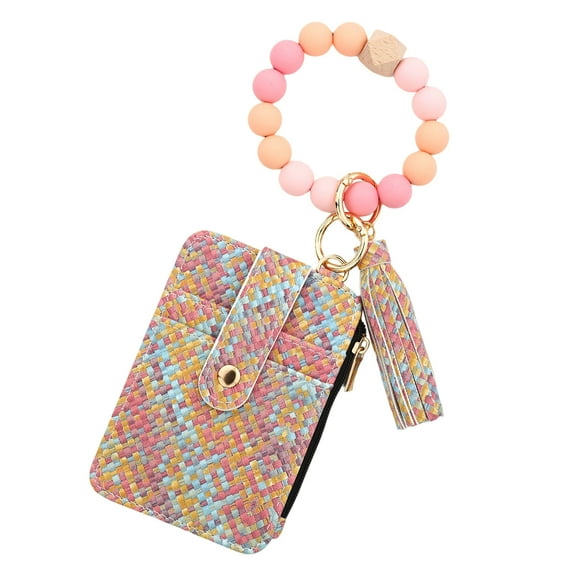 Wristlet Wallet for Women PU Leather Keychain Cute Card Holder Small Wallet Wristlet with Bead Key Ring Holiday Gifts for Girls (C)