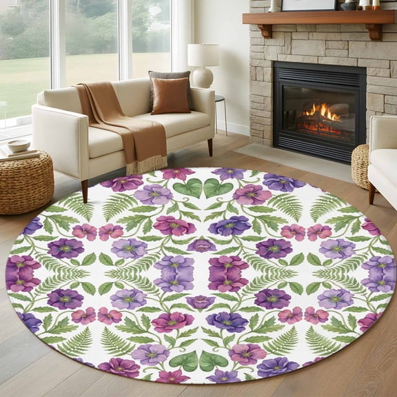 Purple Green Botanical Round Area Rug 5Ft Washable Circle Rugs for Living Room Bedroom, Watercolor Spring Floral Summer Non-Slip Carpet Floor Mats Indoor Outdoor Carpet Runner Aesthetic Home Decor