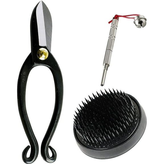Wazakura Made in Japan Ikebana for Beginners Tool Kit, Ikenobo Scissors, Black Kenzan Holder, Cleaner, Flower Arrangement Set, Florist Shears & Pin Frog - Black kenzan 2.4" + care tool