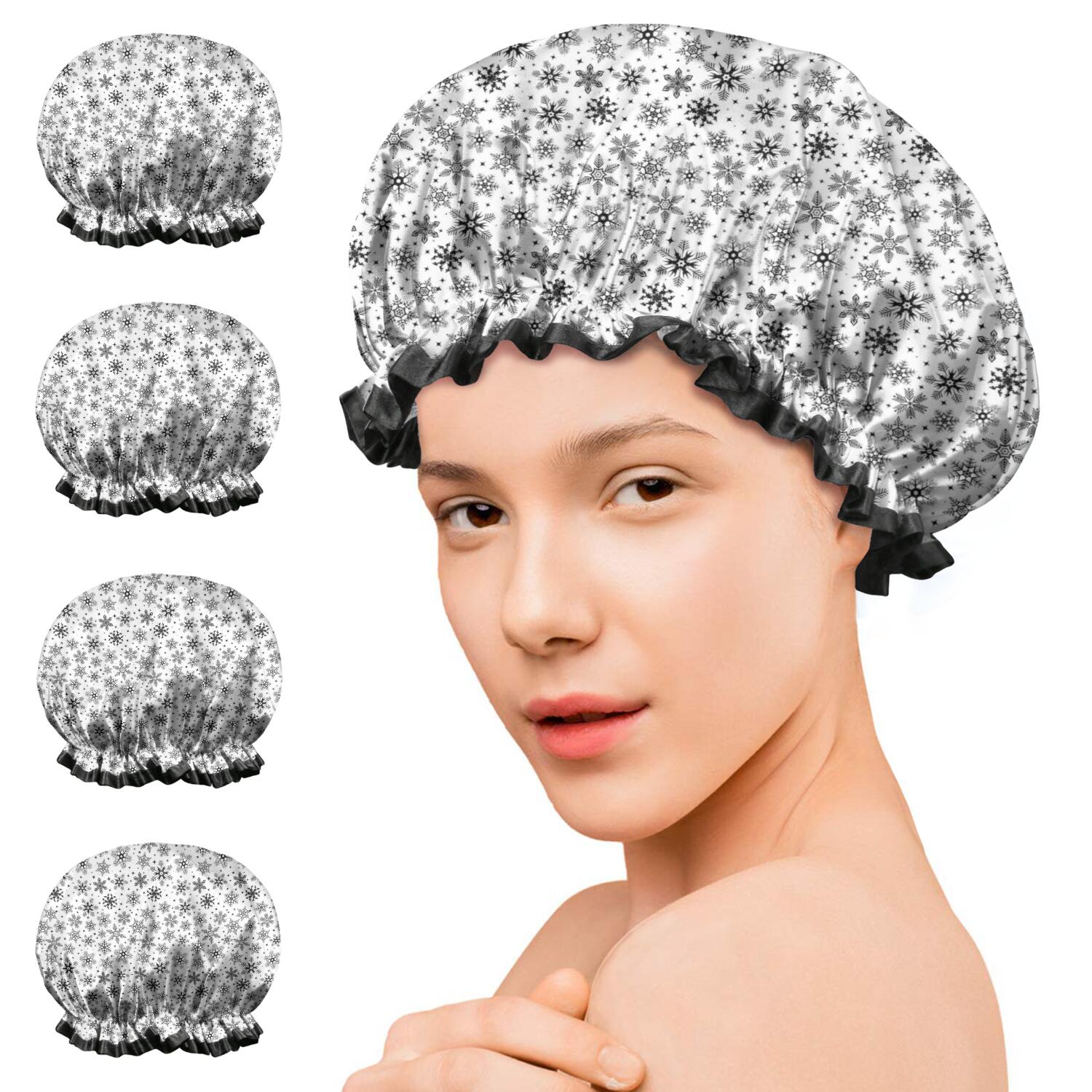 Shower Caps,Black and White Christmas Snowflake Pattern Waterproof Shower Cap for Women 4 Pieces,Double Reusable Hair Cover for Shower PEVA Elastic Stretch Hem