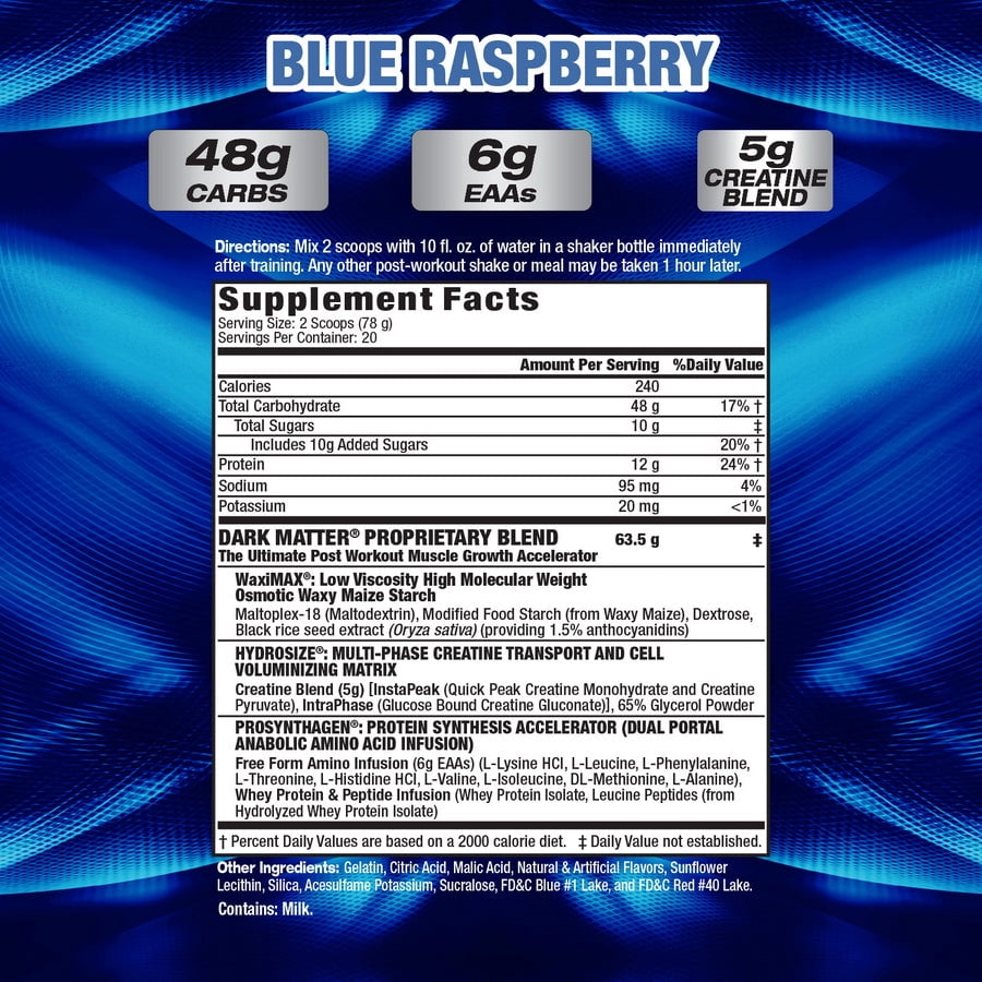 MHP Dark Matter Post‑Workout Recovery Accelerator – 48 g WaxiMAX® Carbs, 6 g EAAs, 5 g Multi‑Phase Creatine (Blue Raspberry, 20 Servings)