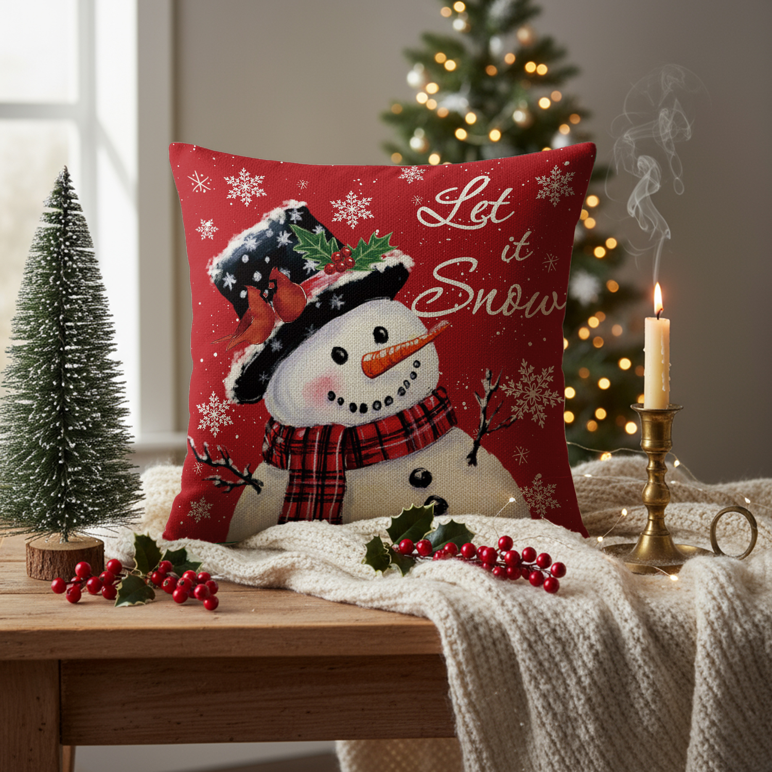Sm:)e Let it Snow Snowman Throw Pillow Cover, Red photo 3