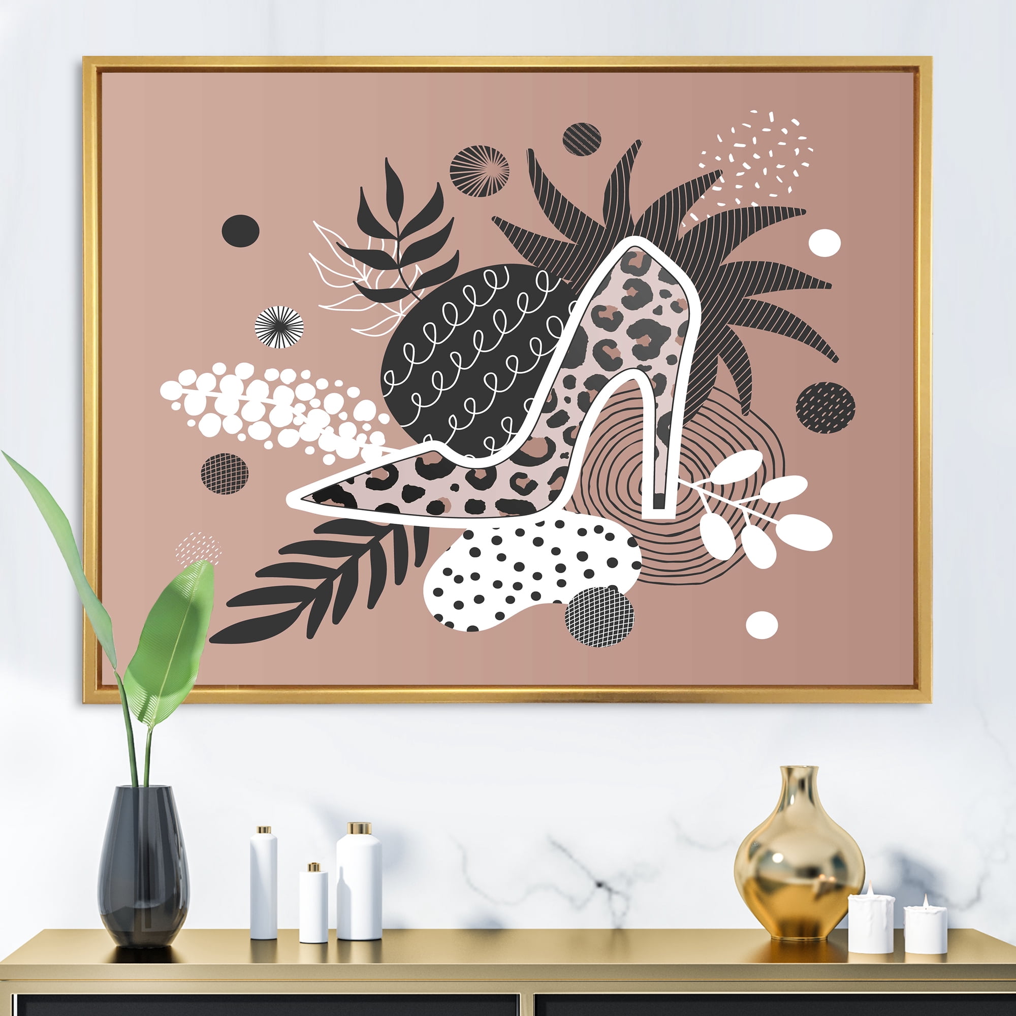 Designart 'Leopard High-Heeled Shoes On Tropical Leaves' Modern Framed Canvas Wall Art Print