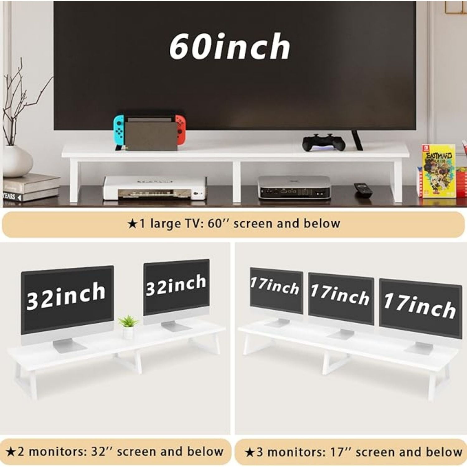 42 inch  Monitor Riser for 2 Monitors, Wood Desktop Dual Stand with Metal Legs, Long Screen/PC/Laptop Storage,Computer Shelf TV Holder Home Office
