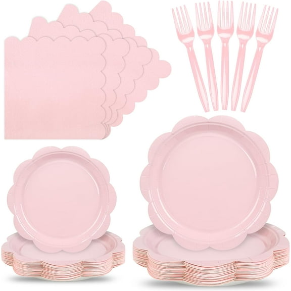 96 Pcs Pink Paper Plates and Napkins Set Supplies, Tableware set for 24 Guest include Disposable Scalloped Plates, Forks Baby Shower Bridal Wedding Mother Day