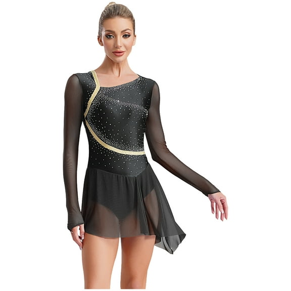 Yartina Women's Lyrical Contemporary Dance Costume Rhinestone Long Sleeve Figure Ice Skating Dress Black L