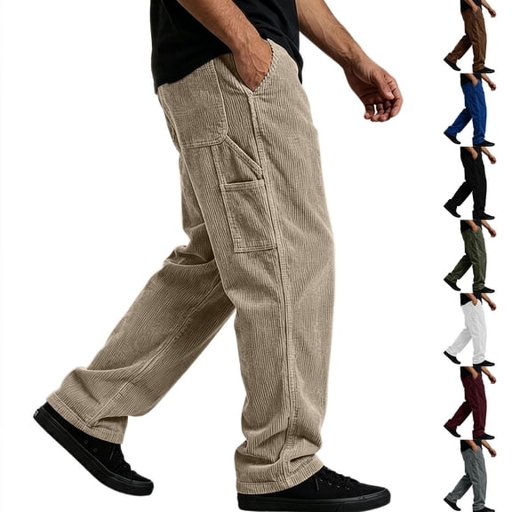 HomeDM Corduroy Sweatpants with Pockets for Men Casual Athletic Joggers Khaki Elastic Waist Workout Pants Size L