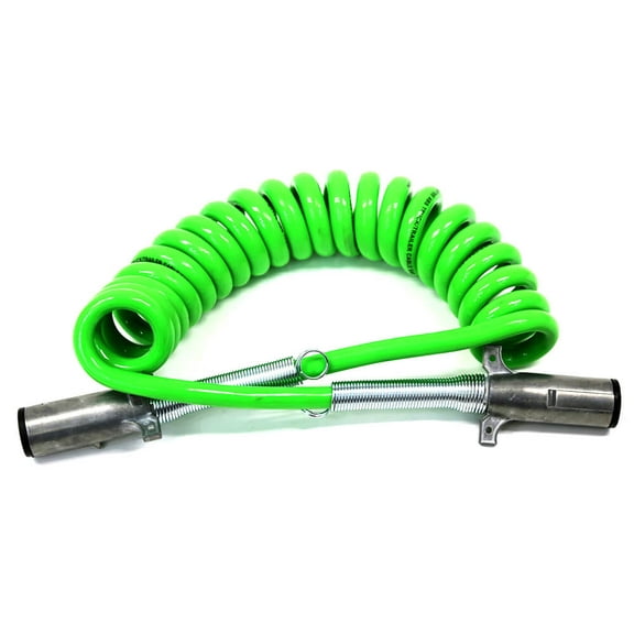 7-Way ABS Coiled Cable 15 Ft (Green) 12" x 12" Leads Trailer Electrical Power Cord