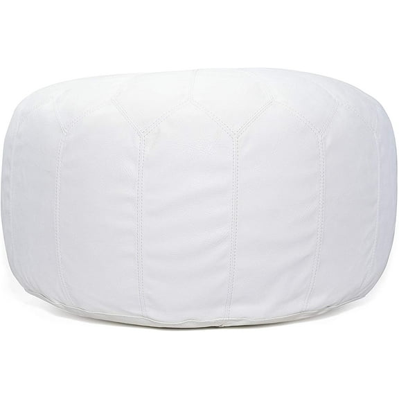Large Round White Pouf Ottoman Leather Indoor Floor Comfortable Footstool Hand Embroidered - Ships Stuffed