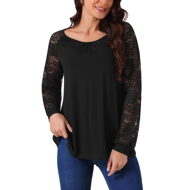 Blusas de manga larga de encaje para mujer, casuales, con cuello redondo, otoño e invierno, color negro, talla L