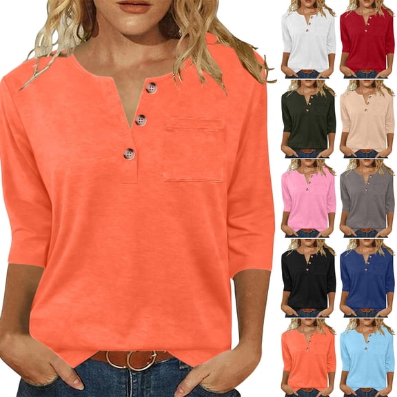 Jewelreauty 3/4 Sleeve T Shirts for Women with Buttons Henley V Neck Base Tees Casual Summer Tops Solid Color (XL, Orange)