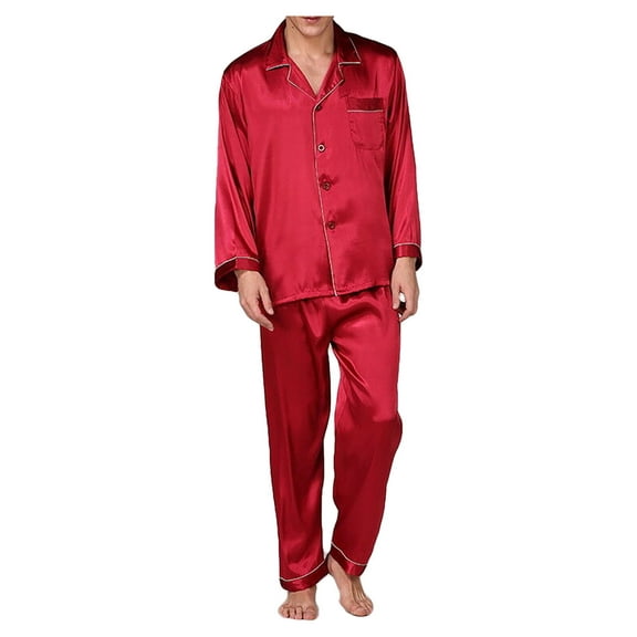 Mens Silk Satin Pajamas Sets Solid Long Sleeve Button Down Tops Pants Sleepwear Summer Pjs Plus Size
