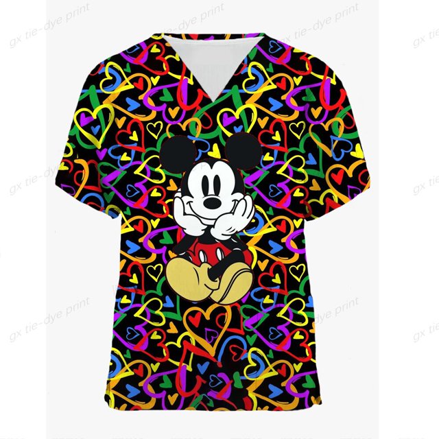 Disney Mickey Mouse cartoon print spa uniform beauty salon pet shop uniform fashion slim top scrub women's lab coatM Gao Jinjia LED