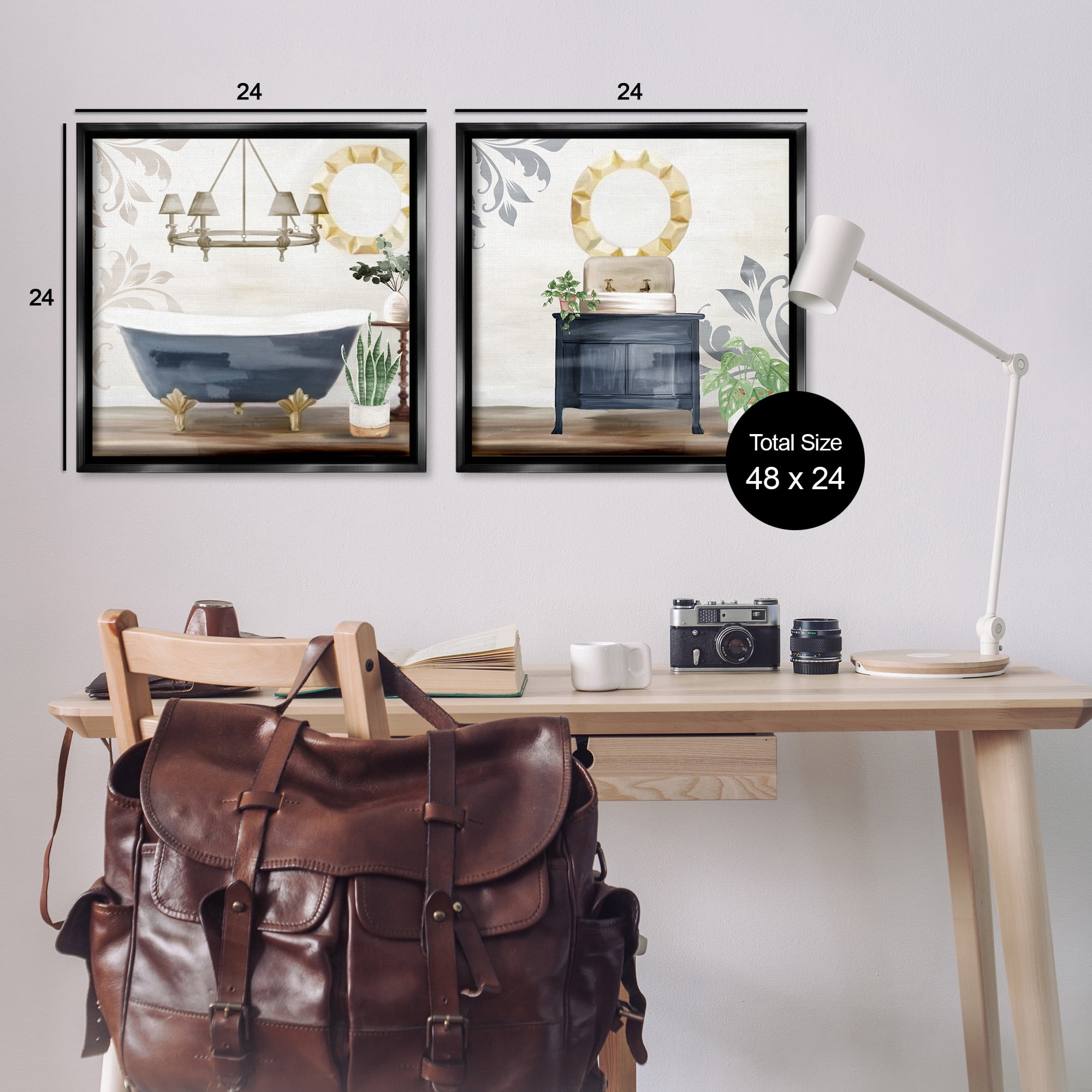 Stupell Industries Chic Bathroom Interior Still Life Abstract Painting Black Floater Framed Canvas Art Print Wall Art, 25 x 25, Set of 2