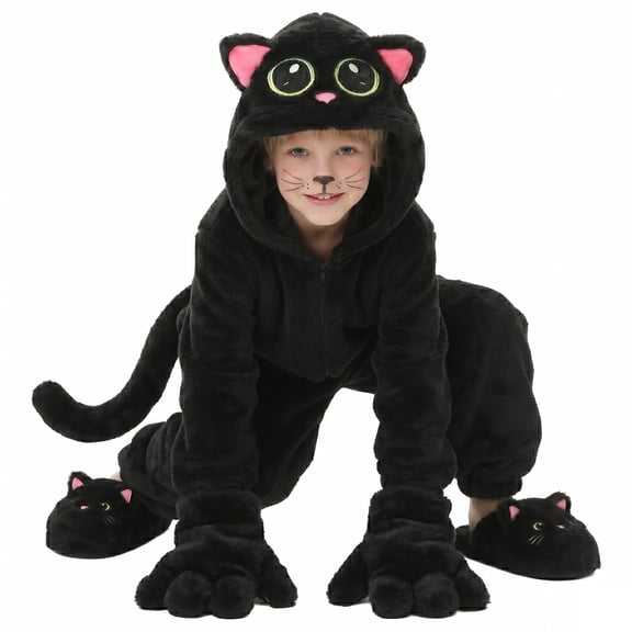 REDARER Kids Cat Cosplay Fuzzy Hooded Animal Onesie Outfit for Halloween Party Stage Role Play Dress Up,L