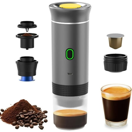 Portable Coffee Machine, 3 in 1 Cordless Electric Coffee Maker, Work with Capsule and Ground Coffee, Cold Brew and Heating Coffee Maker with 150ml Cup-Grey