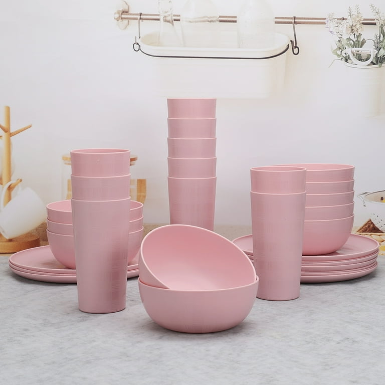 Mainstays 30-Piece Pink Etched Checkered Plastic Dinnerware Set