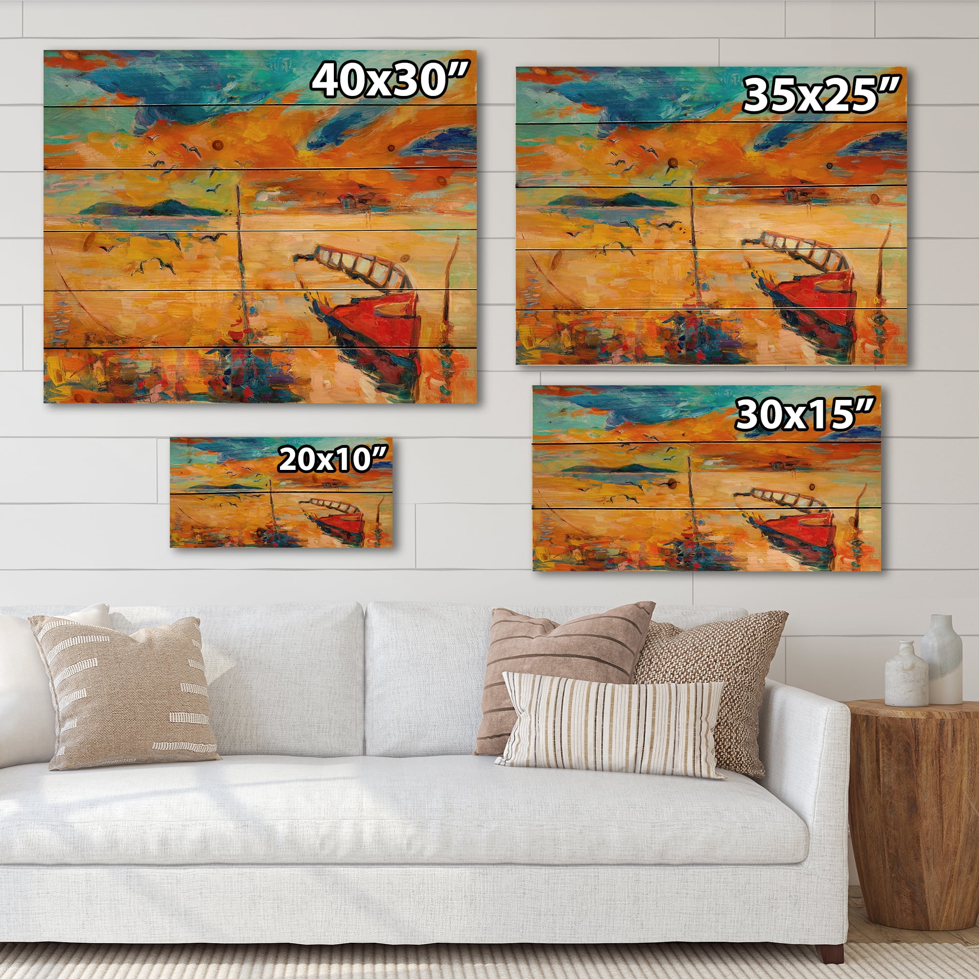 Designart 'Boat At The Lake During Evening Glow VIII' Nautical & Coastal Print on Natural Pine Wood