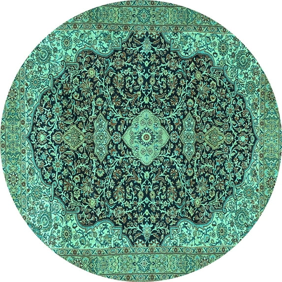 Ahgly Company Machine Washable Indoor Round Persian Turquoise Blue Traditional Area Rugs, 6' Round