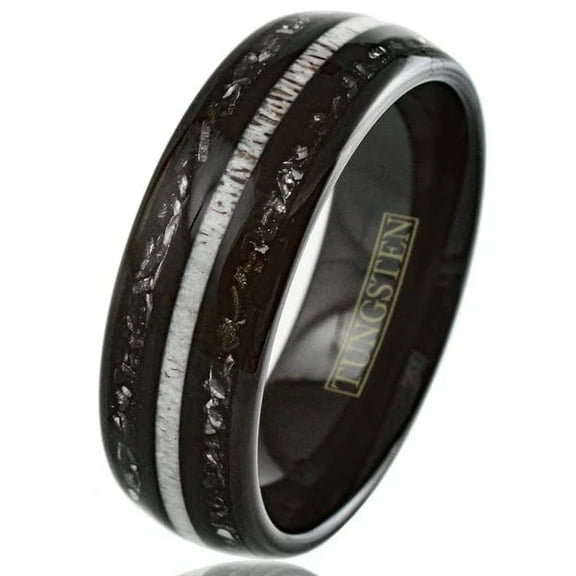 Black Meteorite Wedding Band Ring for Men Tungsten Carbide Ring Deer Antler