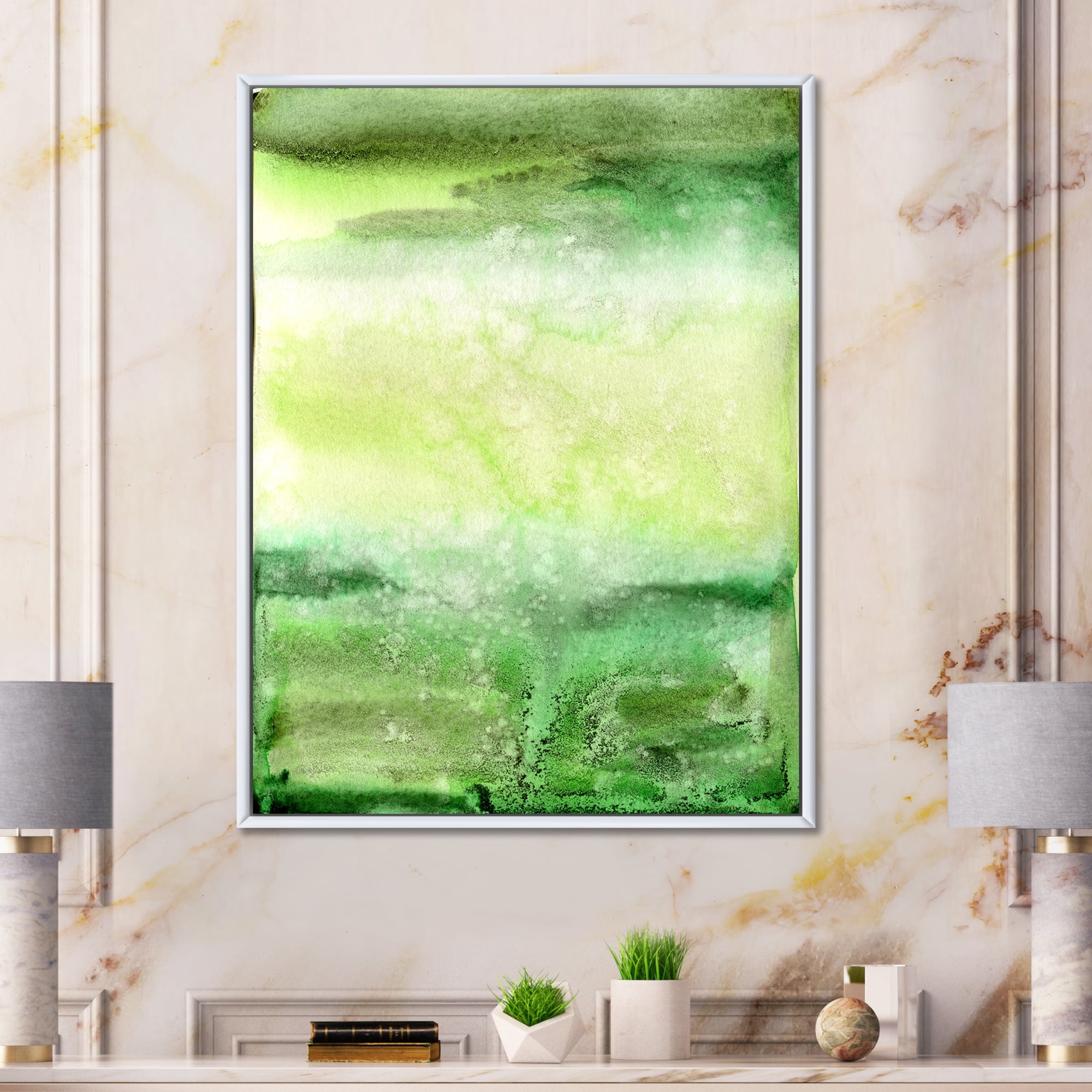 Designart 'Pastel Abstract With Beige and Dark Green & Spots' Modern Framed Canvas Wall Art Print
