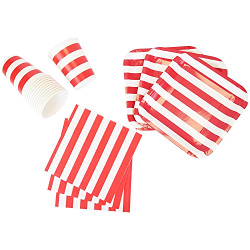 Just Artifacts Disposable Party Tableware 44 Pieces Striped Pattern Dining Set (Square Plates, Cups, Napkins) - Color: Red - Decorative Tableware for Parties, Baby Showers, and Life Celebrations!