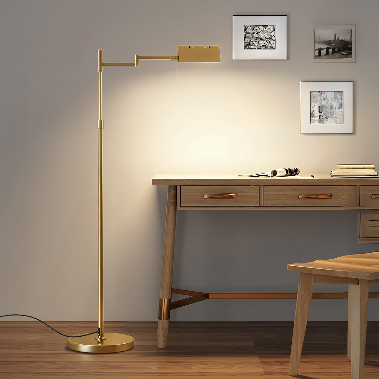 fukursul LED Floor Lamp, 57" Metal Floor Lamp for Living Room with Adjustable Height Swing Arm Head 3 Color Temperatures, Golden Standing Pole Lamp for Office Bedroom Reading