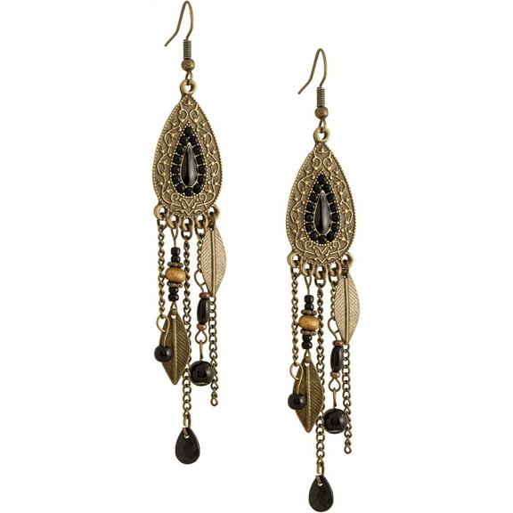 Bohemian Bronze Water Drop Earrings, Stone Metal Leaf Pendant Long Tassel, Boho Chic Jewelry For Women