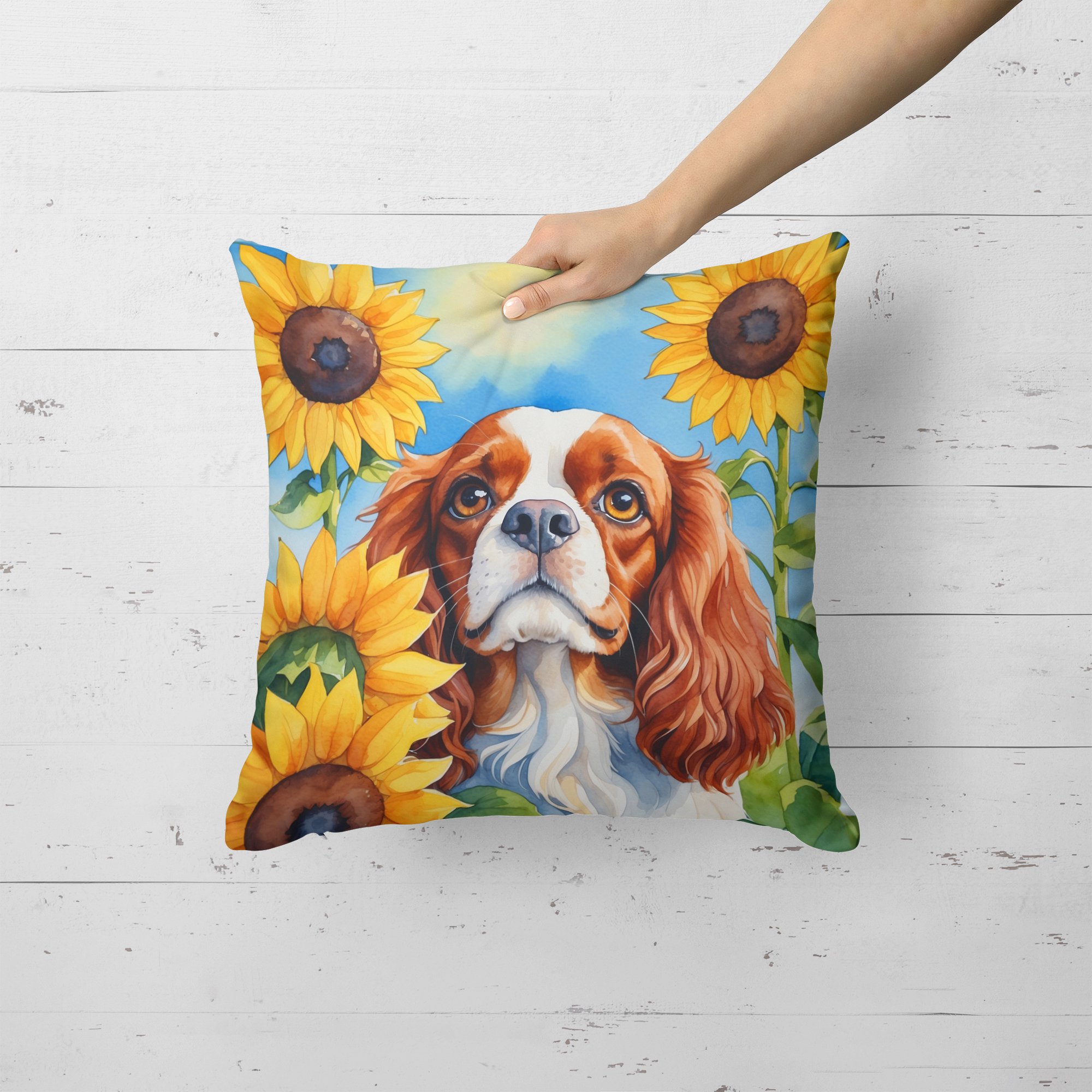 Cavalier Spaniel in Sunflowers Throw Pillow 18 in x 18 in