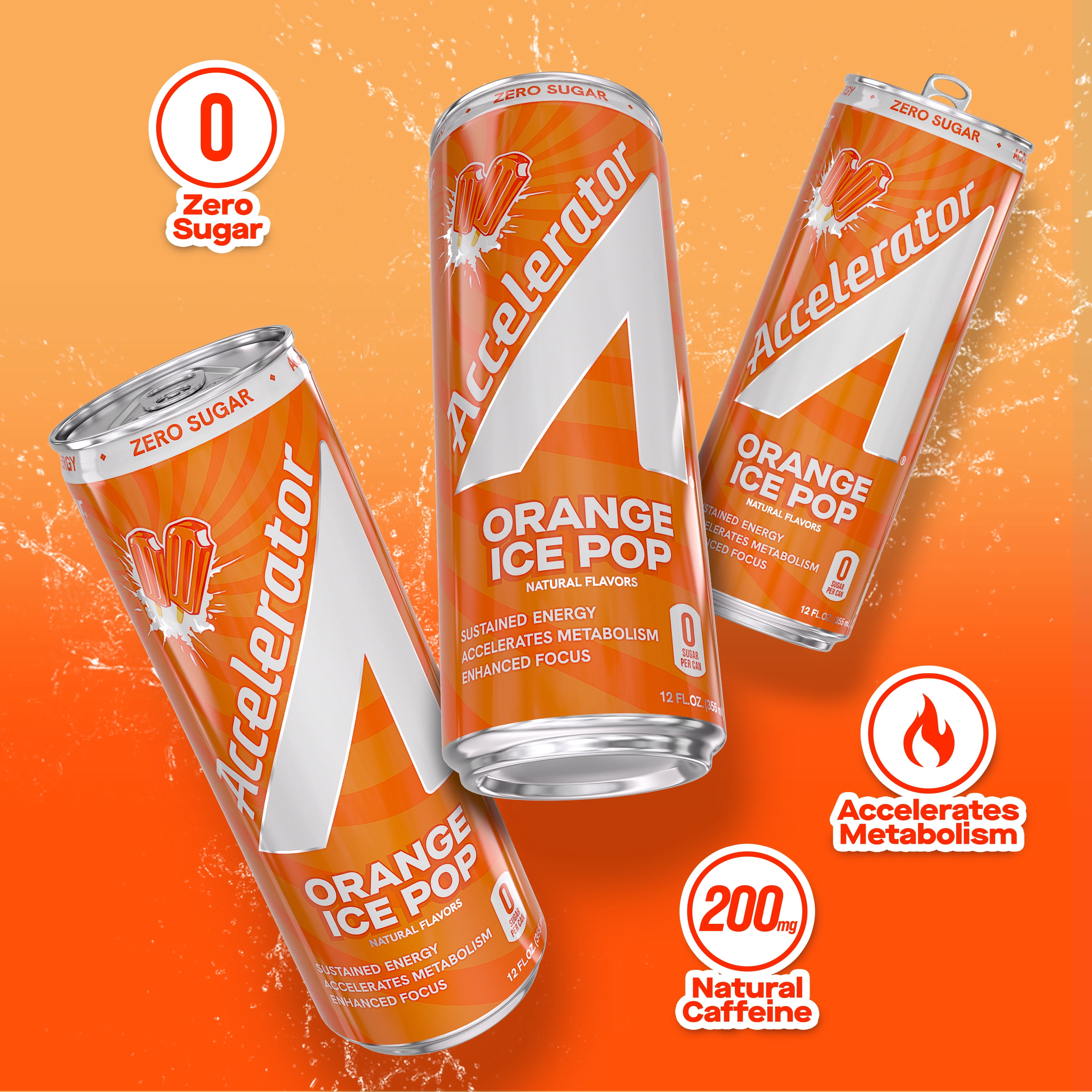 Accelerator Energy Drink, Orange Ice Pop 12 fl oz can (12 pack), Zero Sugar, Sustained Energy from 100% Natural Caffeine (200mg from Green Coffee Bean & Green Tea extract)