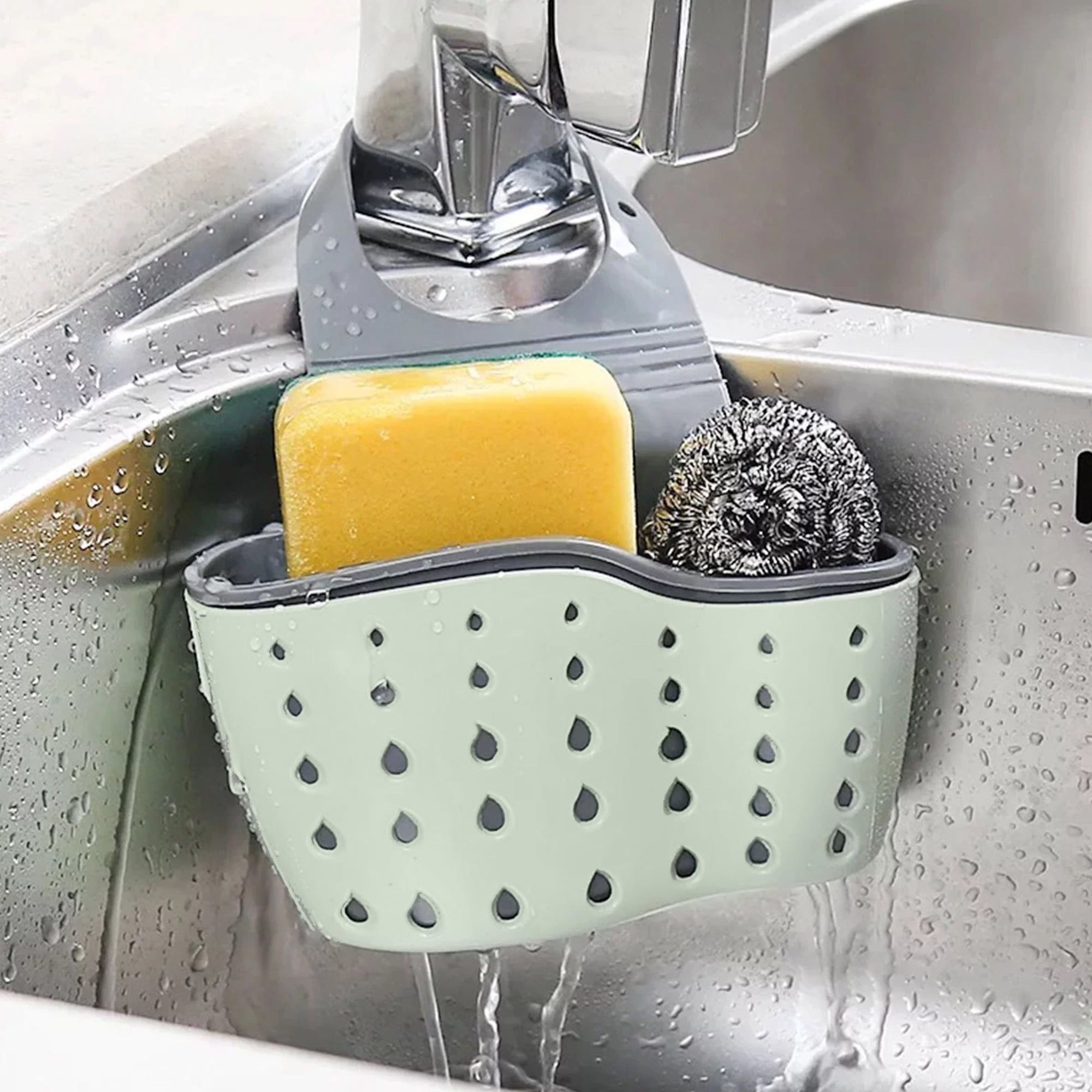 EEEkit Kitchen Hanging Sponge Holder, Adjustable Sink Caddy Organizer Liquid Drainer Brush Rack for Scrubber Dish Brush