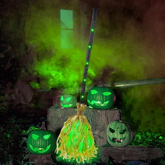 35" Animated Halloween Witch Broom - Light up Dancing Grean Broomstick with Sounds | Halloween Decor for Indoor & Outdoor Porch 1PC