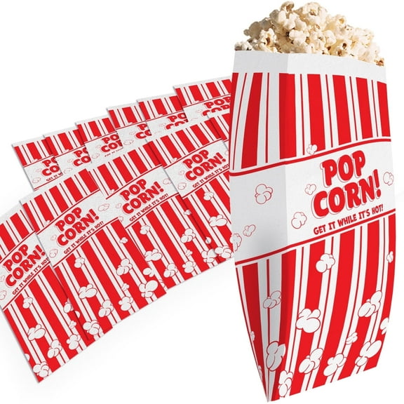 Avant Grub 1 oz Leak-Resistant Red and White Disposable Paper Popcorn Bags for Retro Parties, 100 Ct