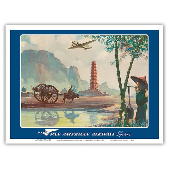 Asia - Wings Over the World - Pan American Airways System - Chinese Pagoda - Vintage Airline Travel Poster by Paul George Lawler c.1930s - Master Art Print (Unframed) 9in x 12in