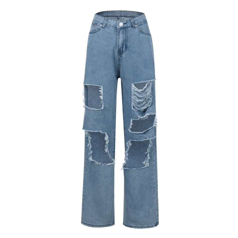 BRDFRL Women Patchwork Destroyed Raw Hem Jeans Ripped Hole Denim