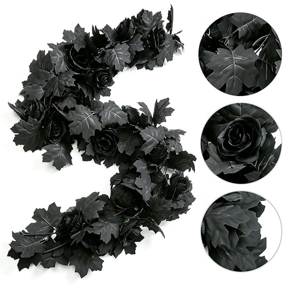 FXMLRLK Black Artificial Flower Garland Fake Rose Vines Hanging Rose Vines | 1 Pack Fall Maple Leaves Garland with Floral,Black Hanging Flowers for Gothic Wedding Party Halloween Decor