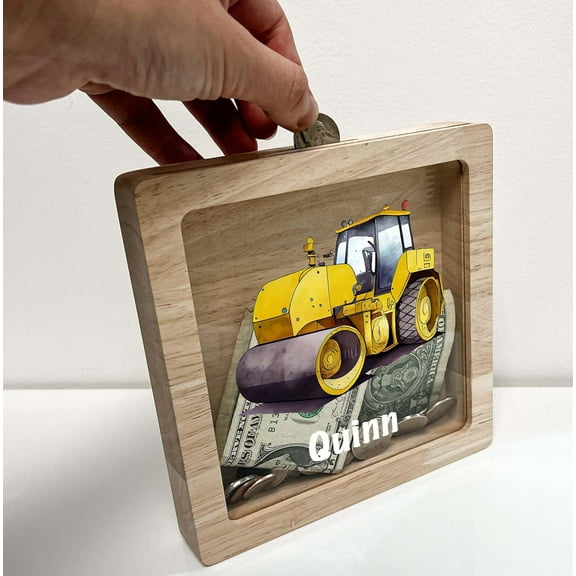 Personalized Savings Piggy Bank for Boys Custom Name Money Box Construction Truck Road Roller Compactor Tractor Heavy Equipment Themed Toddler Boys Gift - Teach Savings in Style - Made in America