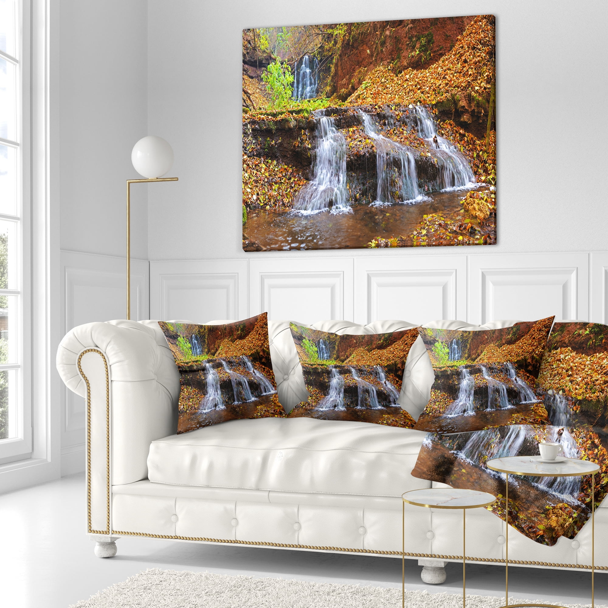 Designart Dniester Canyon Spring Waterfalls - Landscape Photography Throw Pillow - 18x18